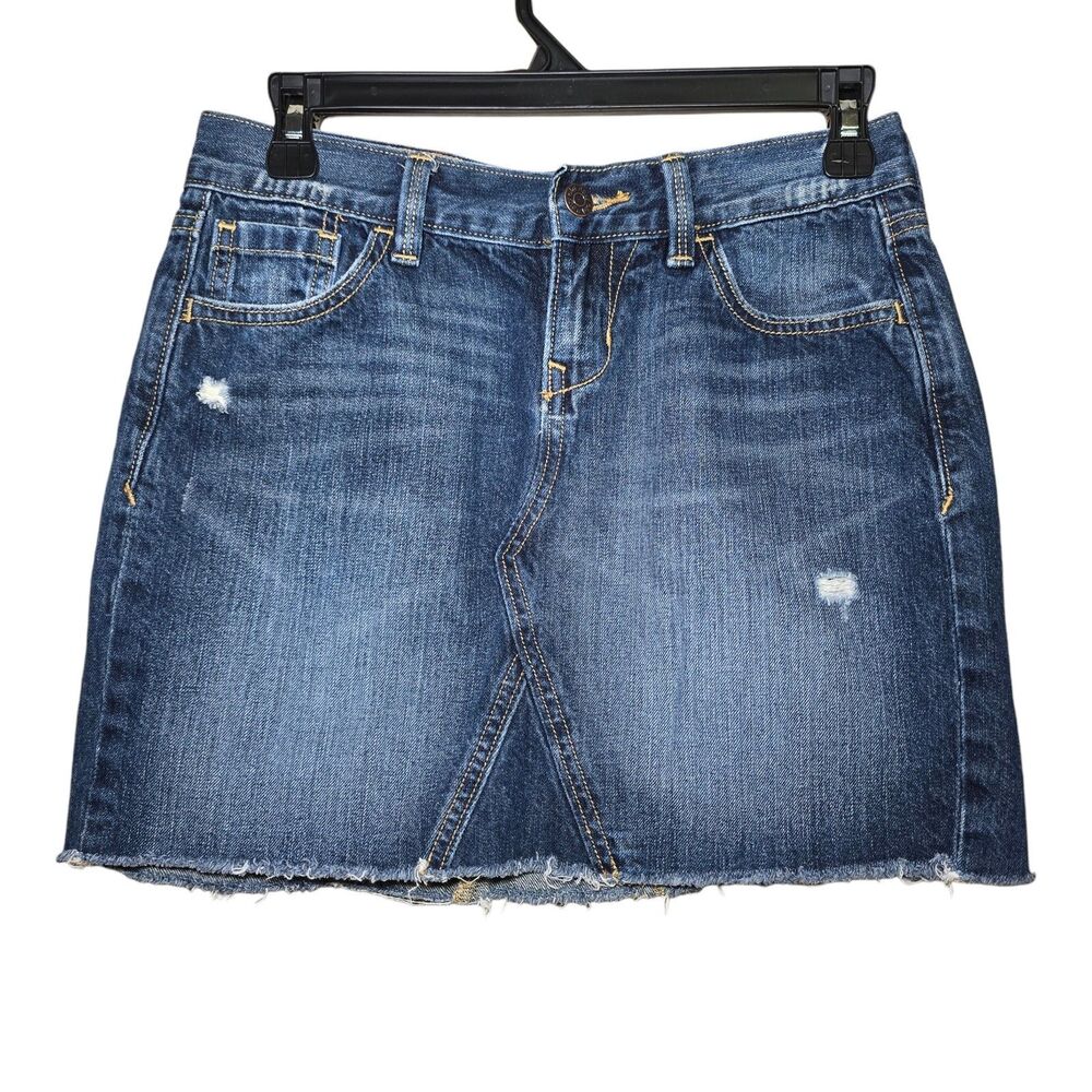 Old Navy Denim Mini Skirt Women's Size 2 Dark Wash Distressed Y2K Raw Hem